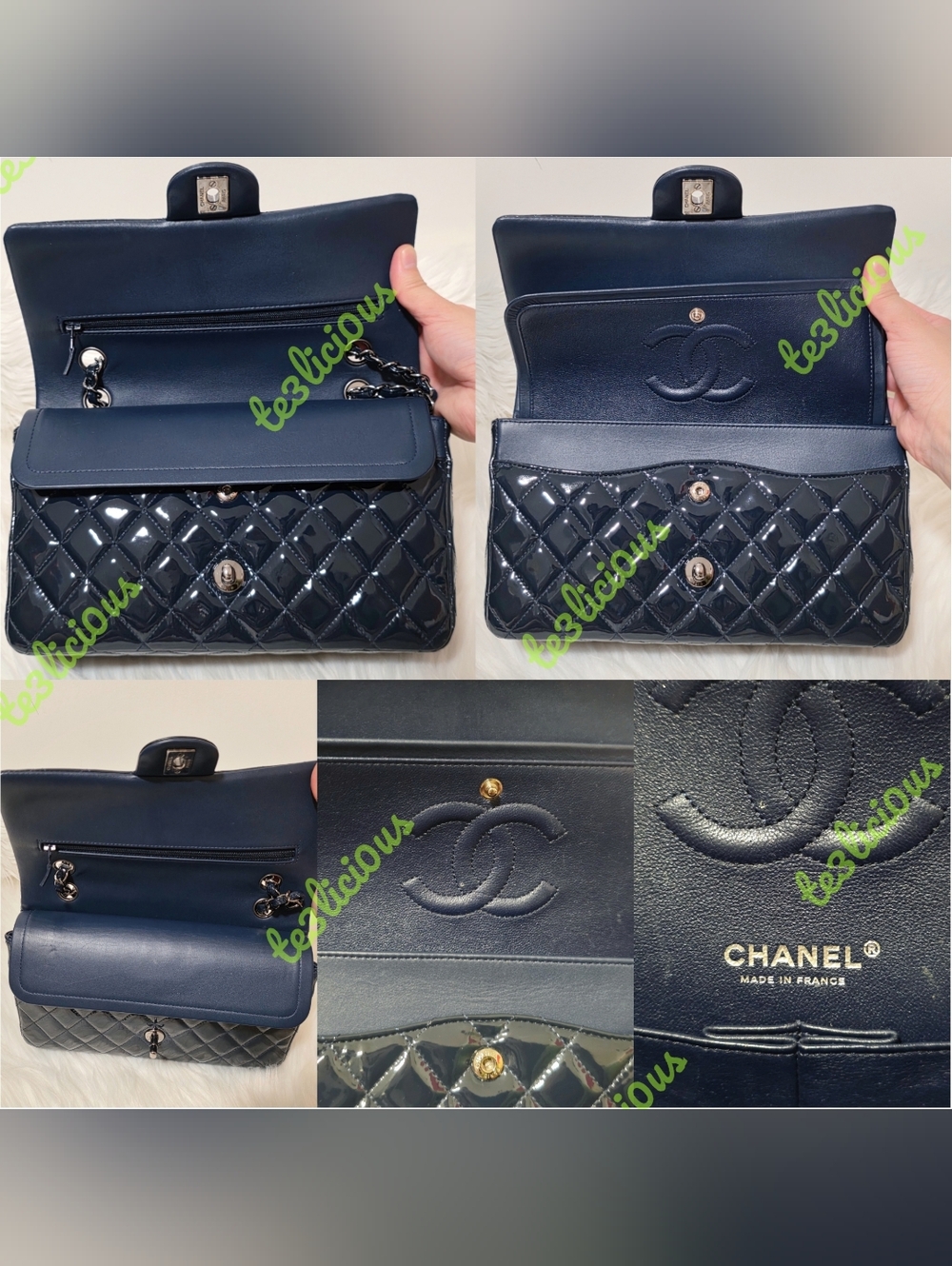 CHANEL 14b QUILTED PATENT LEATHER NAVY MEDIUM CLASSIC FLAP BAG *100% AUTHENTIC* - Picture 11 of 16